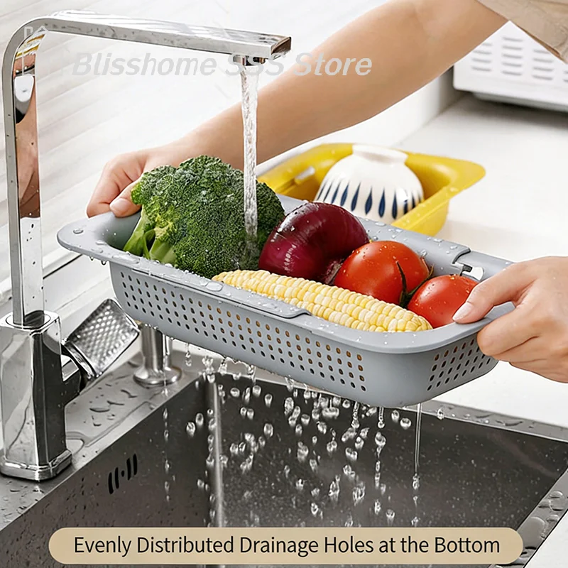 【S】Home Over Sink Colander Strainer Basket Wash Vegetables Fruits Drain Cooked Pasta Dishes Extendable Home Kitchen