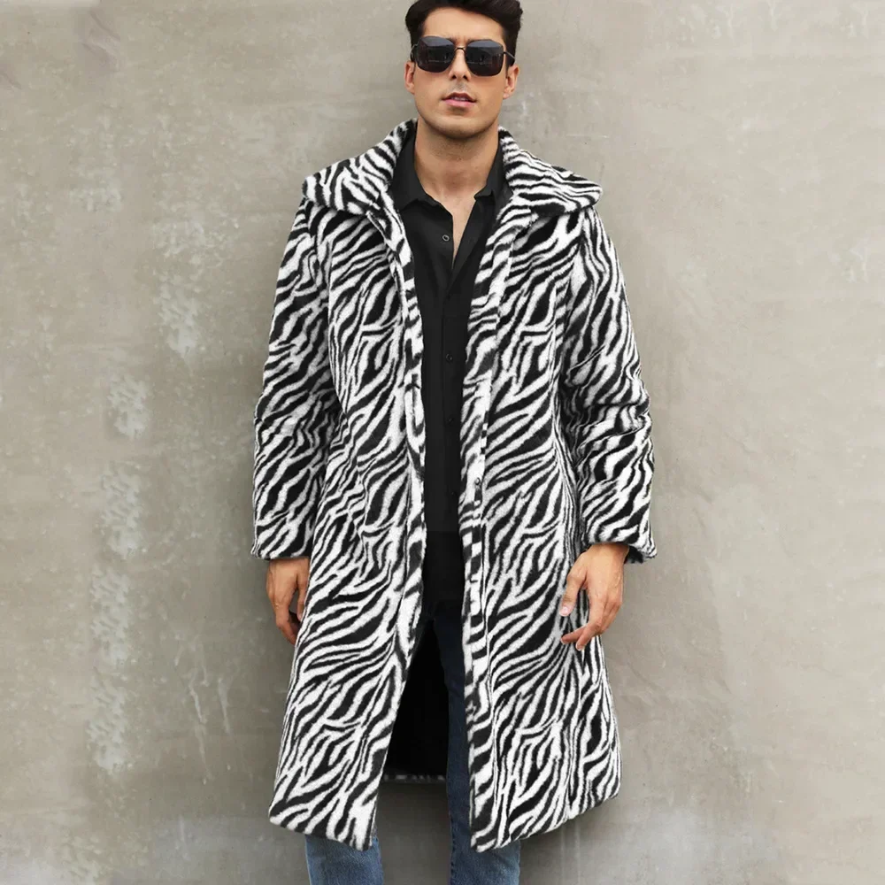 Men Faux Fox Fur Jacket Coat Winter Zebra-stripe Thick Fluffy Warm Shaggy Outerwear Luxury Fur Long Jacket Bontjas Jackets Mens