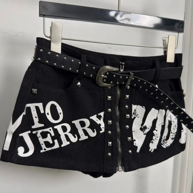 Riveted Denim Shorts Skirts Women's Zipper Design Punk Style Personality Hot Pants Mini Skirt