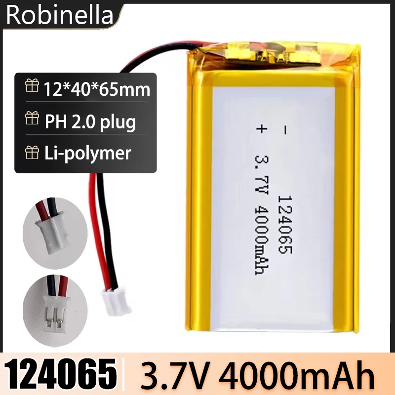 124065 4000mAh Polymer Lithium Battery PH 2.0 2p Plug 3.7V Lipo Cells for Hand Warmers Tablet Medical Devices Camera Smart Lock