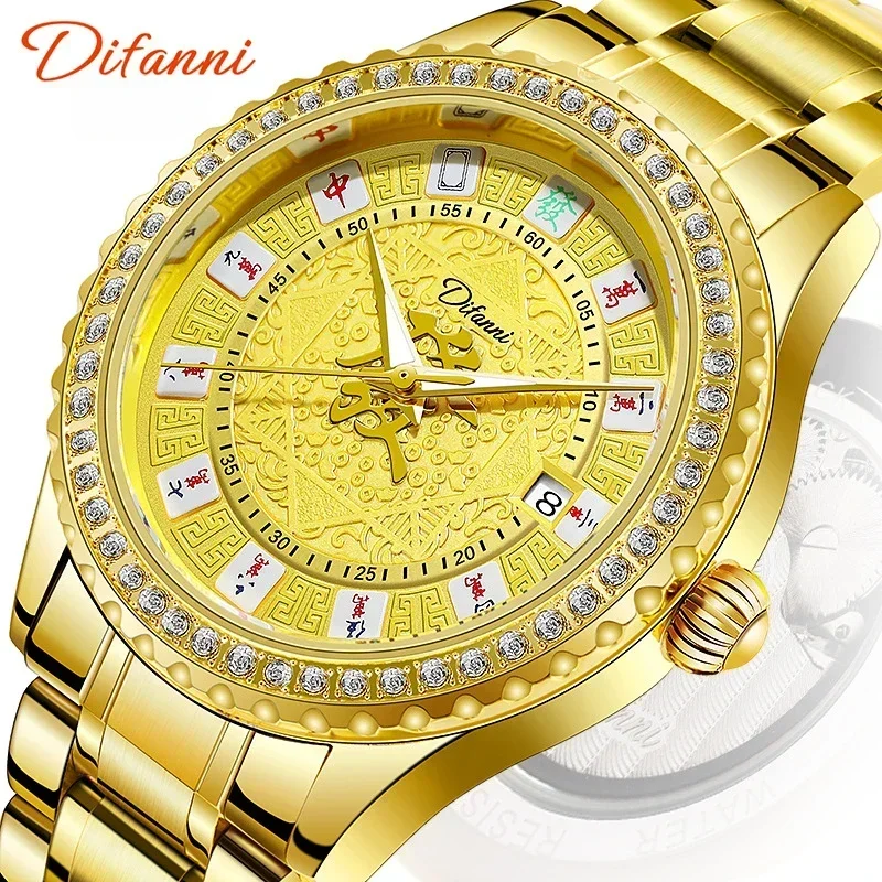 Gold Mahjong Watch Round Tourbillon Automatic Mechanical Watch Men Casual Calendar Waterproof Luminous Man Sports Watch