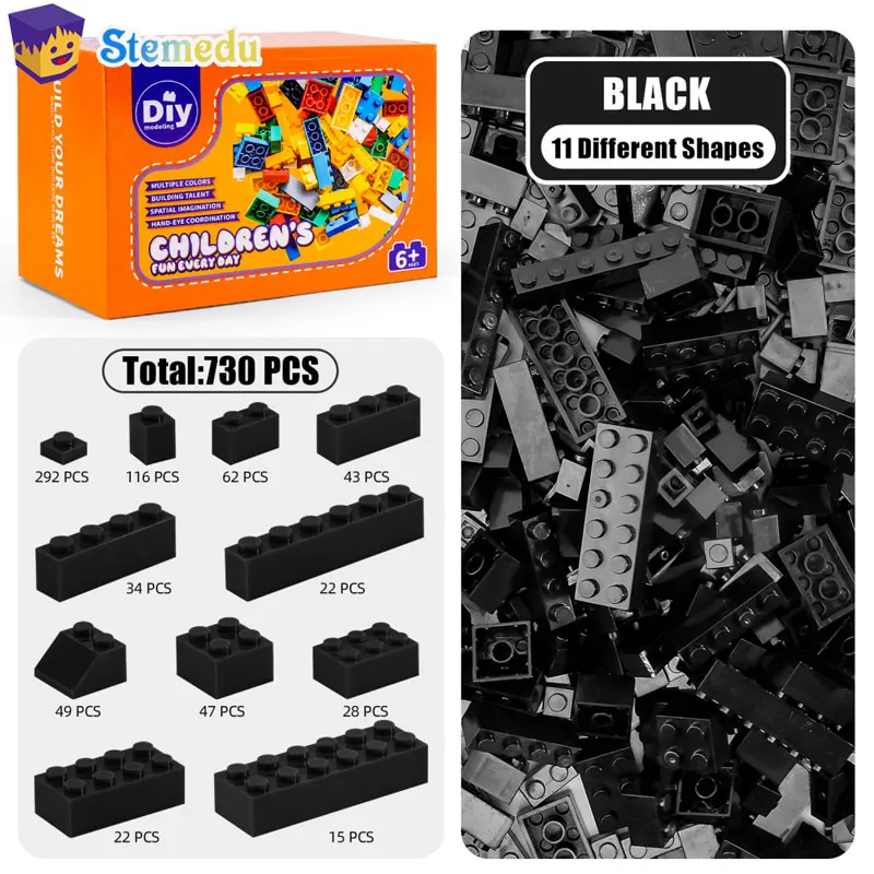 

730PCS Small Particle Building Blocks Mixed Black Multi-Spec Bricks for Creative Models Compatible Bulk Parts for Adult Kid
