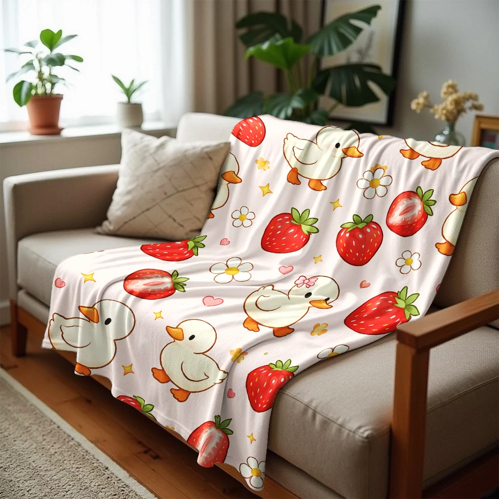 Cute Duck Strawberry Mix Anime Cartoon Flannel Blanket Soft Warm Throw for Bedroom Sofa Car Kids Holiday Gift