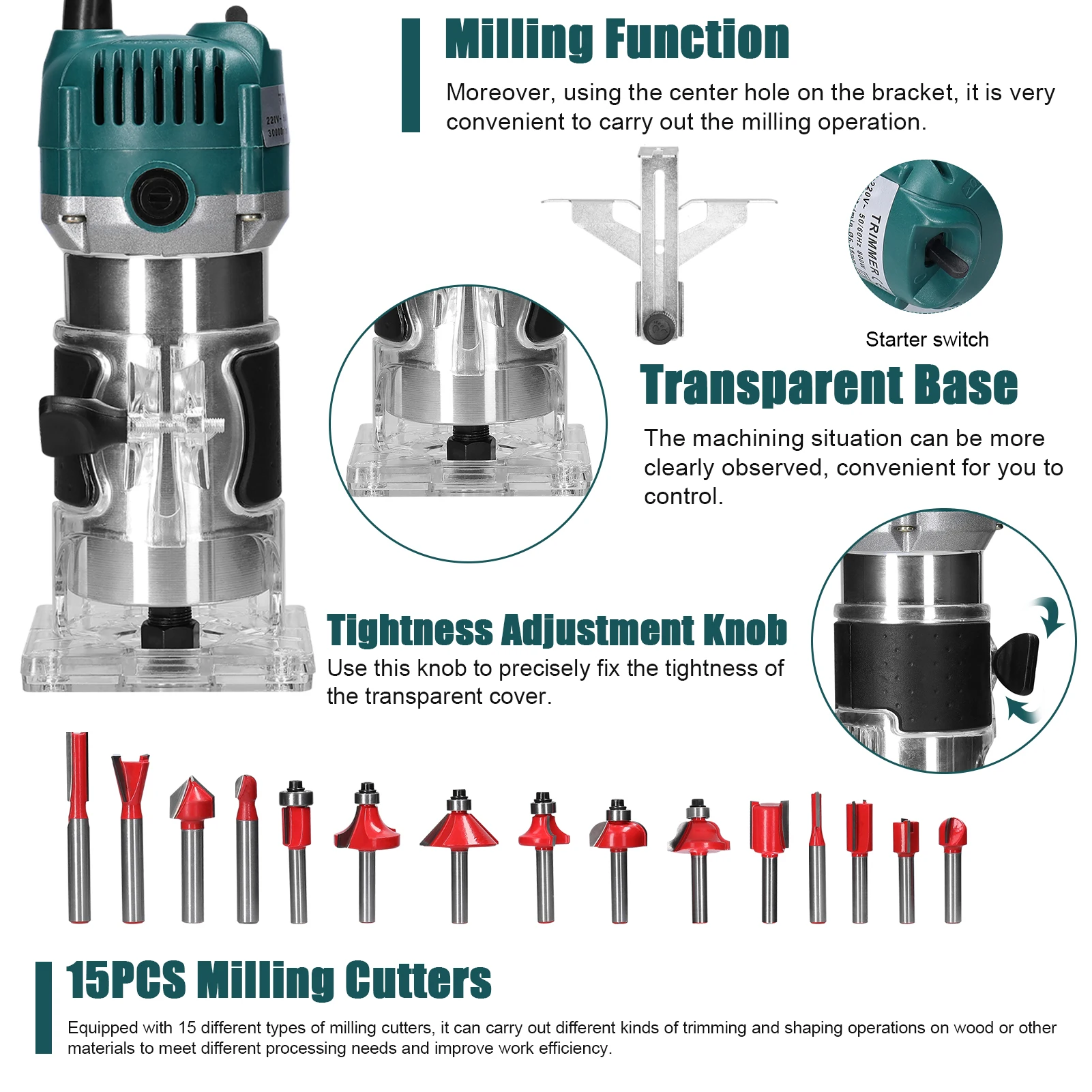 Imagem -05 - Multifuncional Aparador Elétrico Madeira Fresagem Corte Gravura Slotting Machine Carpintaria Versátil Carving Router Tool