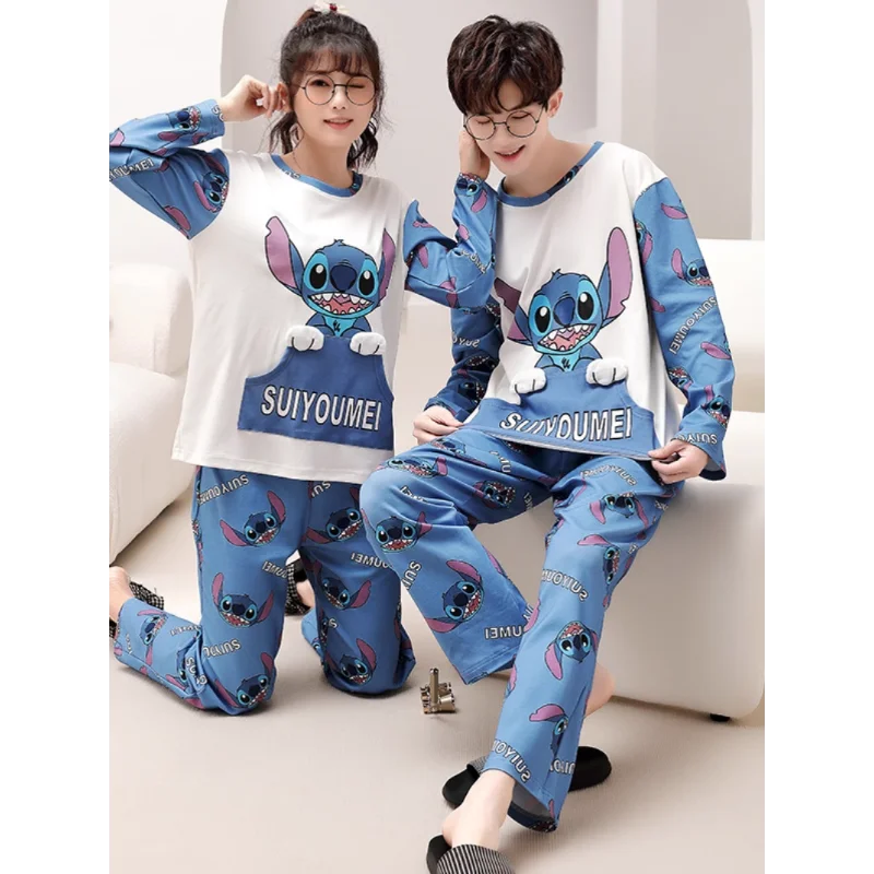 Cartoon Disney couple pajamas men\'s/women\'s pure cotton Stitch autumn two-piece set Stitch women\'s pajamas loungewear