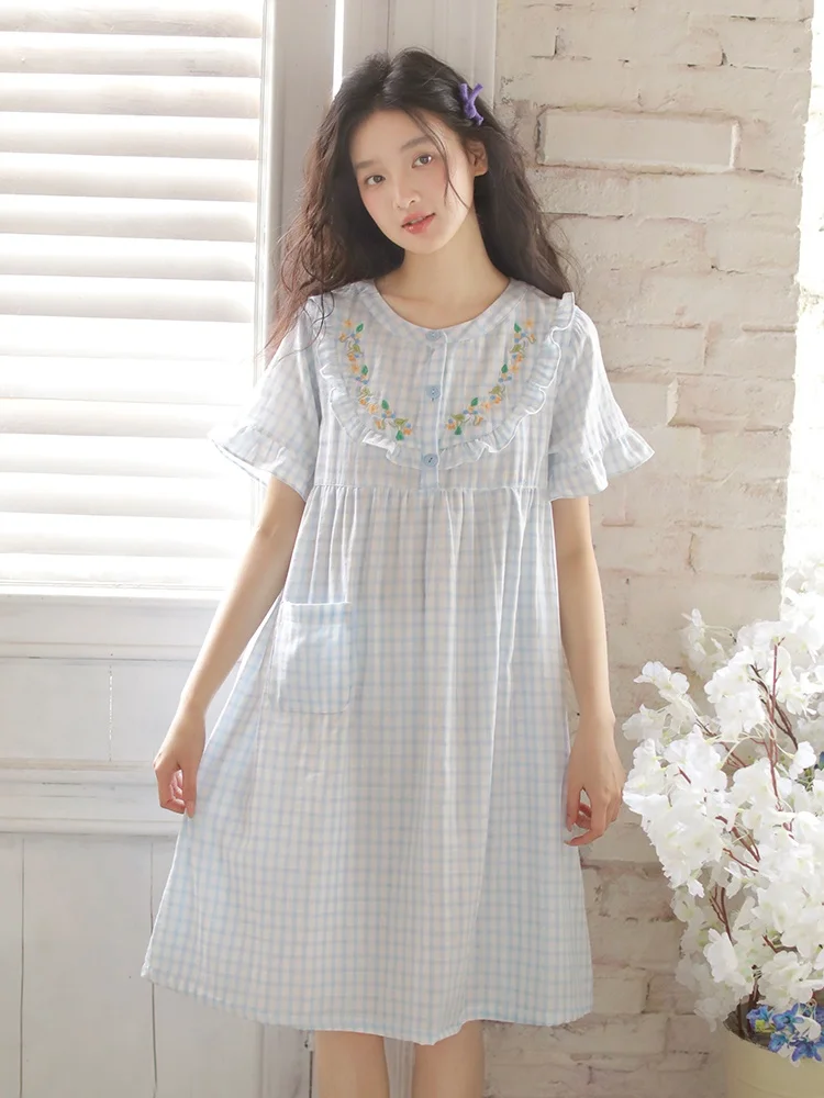 

Summer ort Sve Embroidered Cotton Nightgown Women's Pure Cotton Gauze Sweet Girl New 2025 Spwear Dr Non-Lightweight
