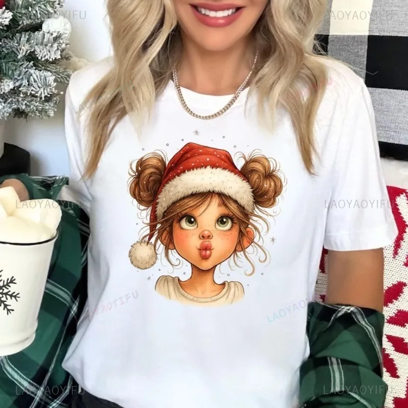 Trendy Girl Christmas Shirt Cute Santa Hat Cartoon Girls T-Shirt Holiday Fashion Shirt Xmas Party Tees Ultra Simple Style Tees