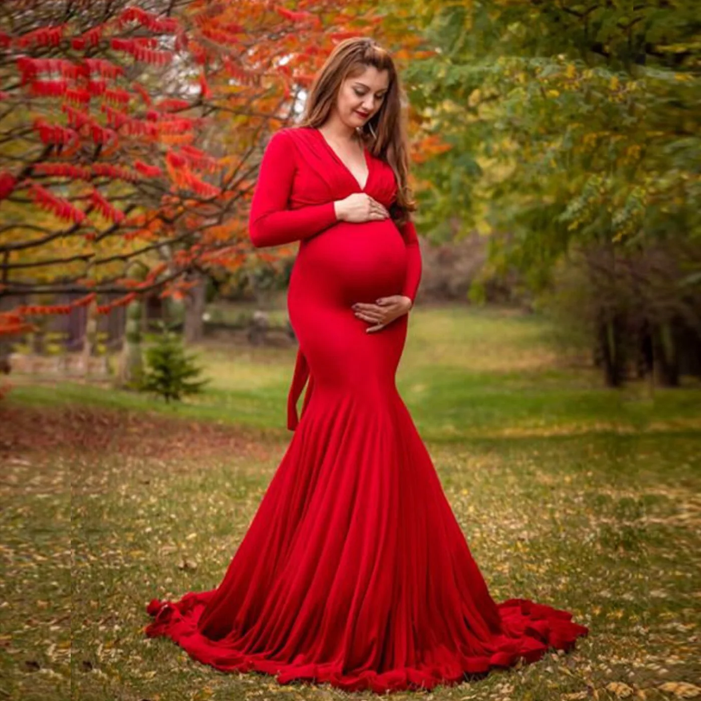 Maternity Dresses for Photo Shoot  for Baby Shower Pregnancy Red Mercerized Cotton Long Sleeve V-neck Skirt Grossesse Vestidos