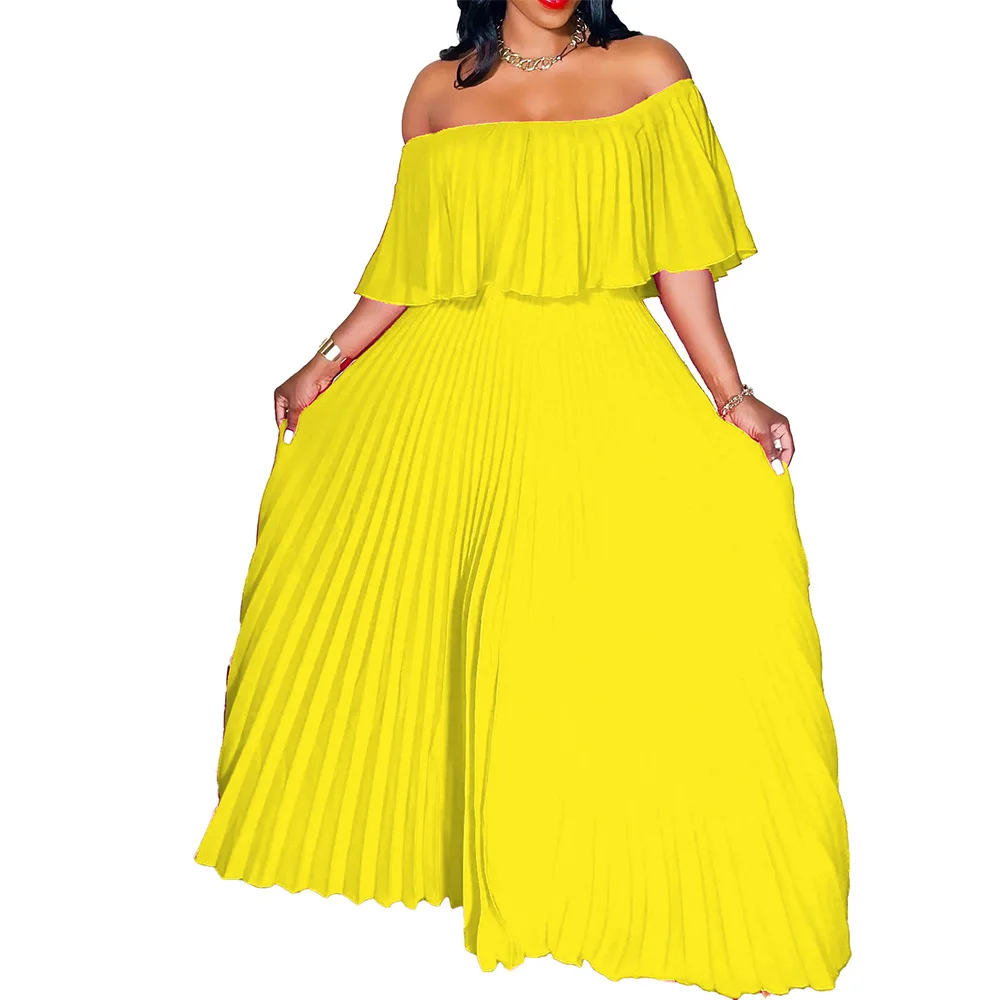 Summer Chic Sexy Holiday Long Dress Elegant Solid Off Shoulder pleated long gowns Women Floor Length Beach Evening Party Dress