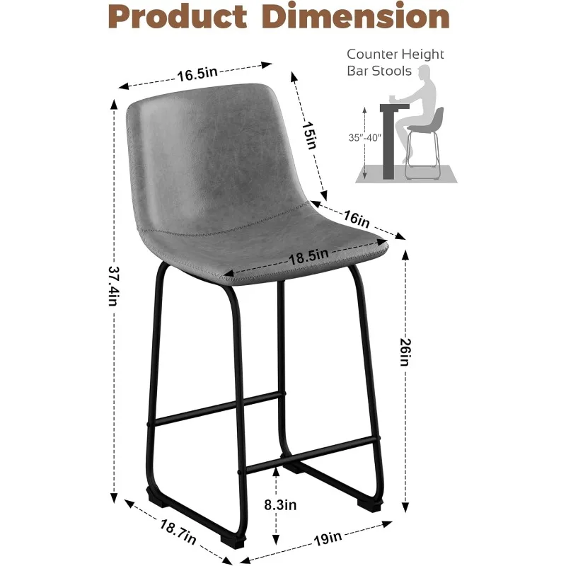 Bar Stools Set of 4, 26inch Counter Height Bar Stools with Back, Modern Faux Leather Bar Stools with Metal Legs and Footrest