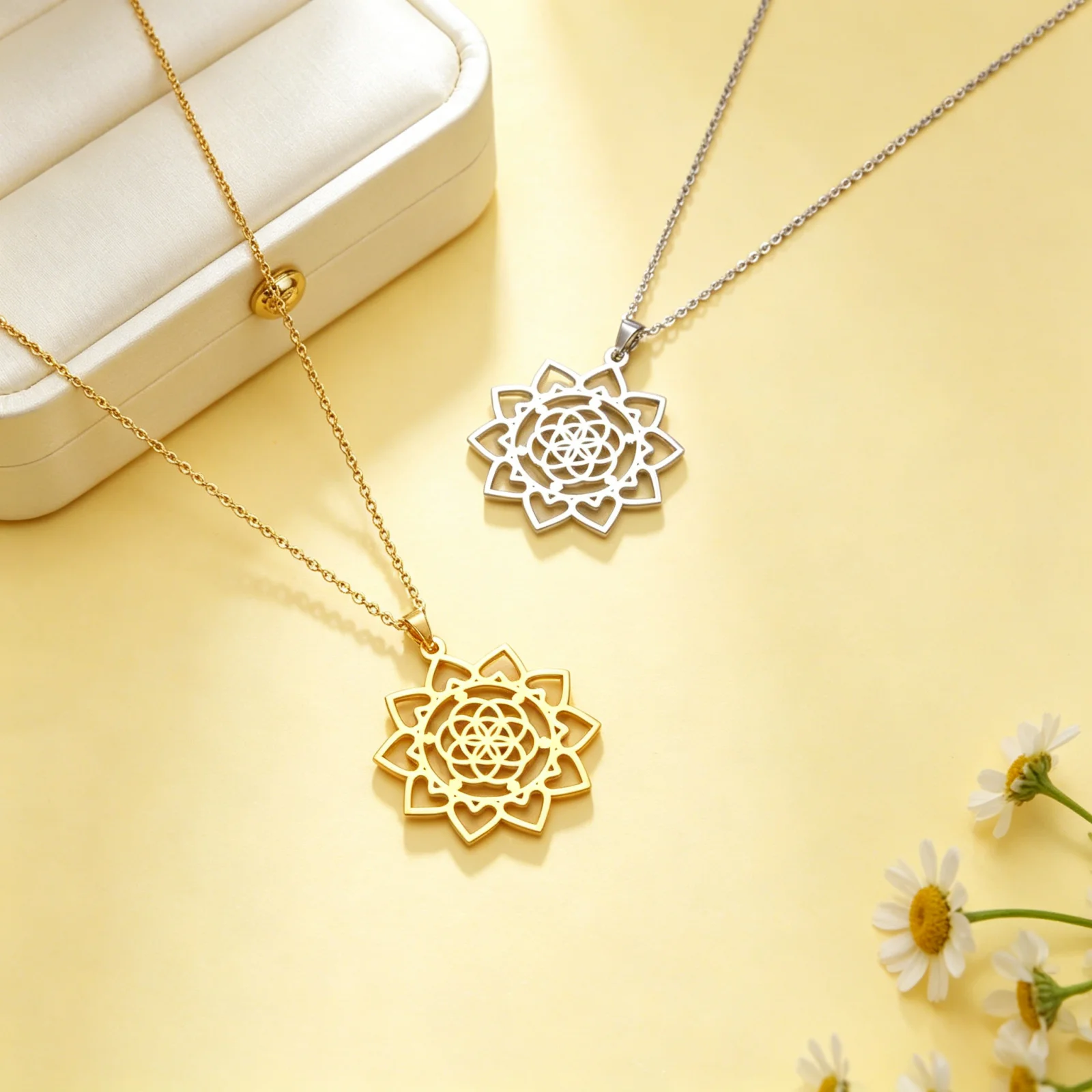 1 Stück Heilige 10-Blütenblätter Lebensblume Halskette aus Edelstahl, Geometrische Chakra-Halskette, Modisches Heiliges Geometrisches Blumen-Geschenk