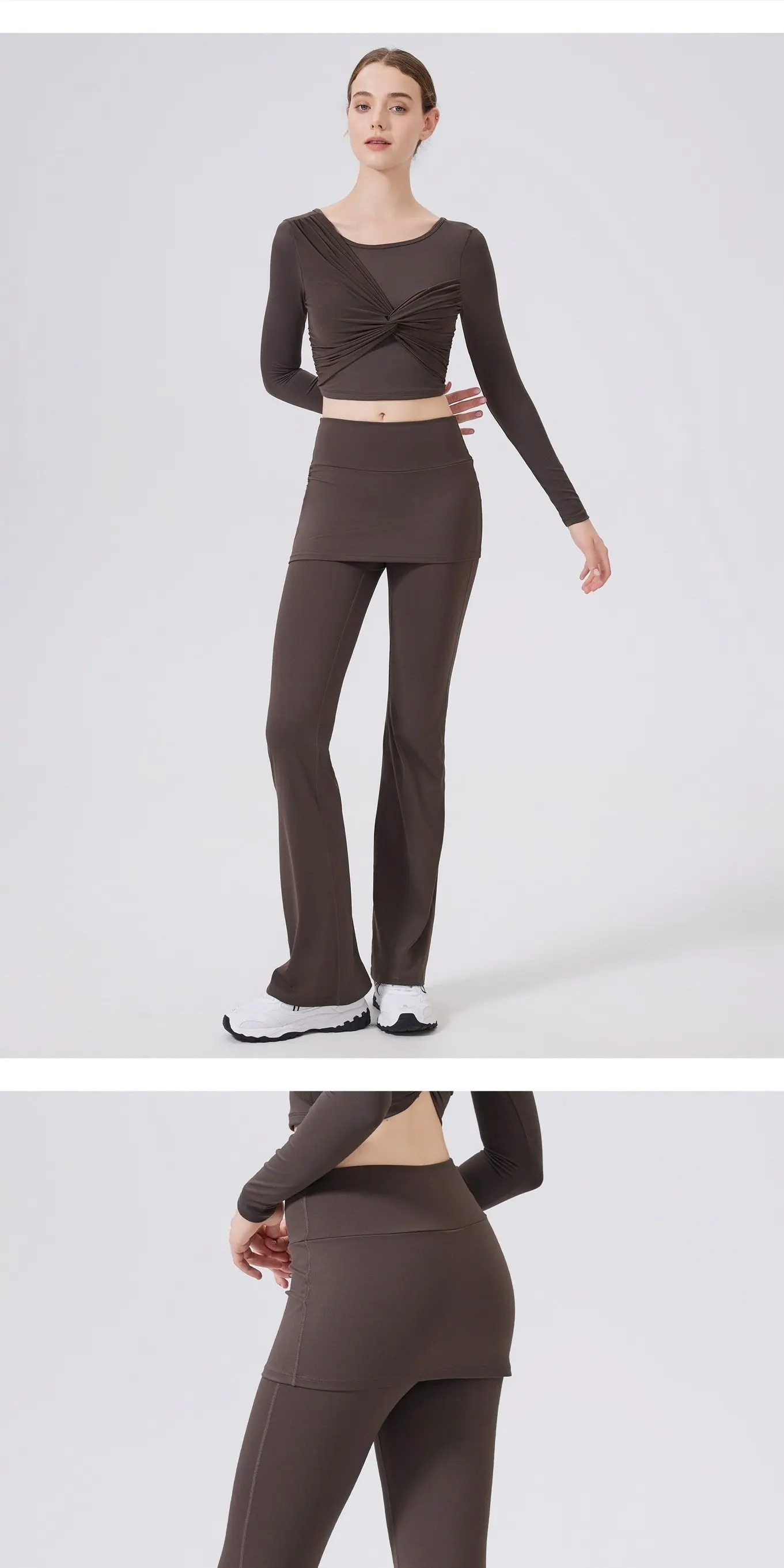 Täuschend echte, hochtaillierte, leicht ausgestellte Hose mit hüftbedeckendem Rock für Damen zum Laufen, Tanztraining, Pilates-Sport. – Detail 5