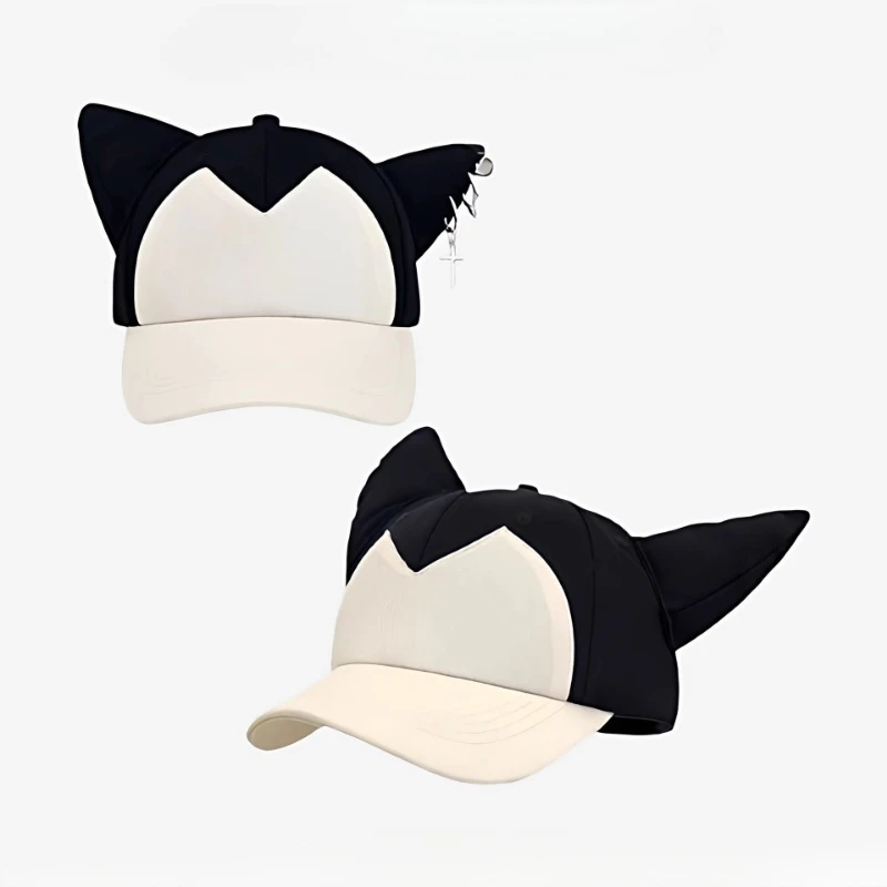 Cat Ear Baseball Cap 3D Stereo Ears Black and White Dad Hat with Metal Cross Charm Streetwear Harajuku Baseball Cap for Women