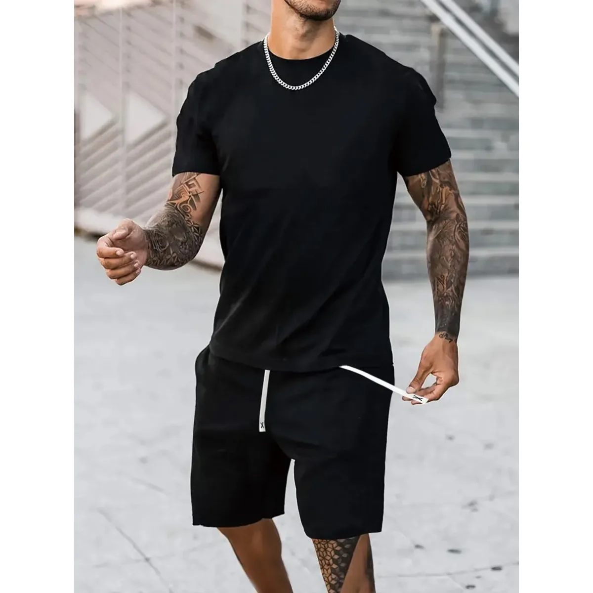 طقم تي شيرت رجالي كاجوال برقبة دائرية، طقم تي شيرت صيفي أنيق من مزيج القطن بأكمام قصيرة للاستخدام اليومي