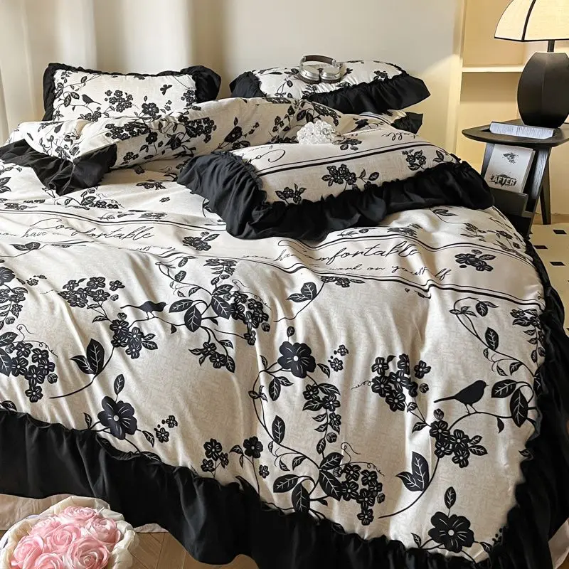 Retro Simplicity Black White Duvet Cover Set With Widened Lace Design Comfortable Duvet Cover For Bedroom Guest Room Decoration