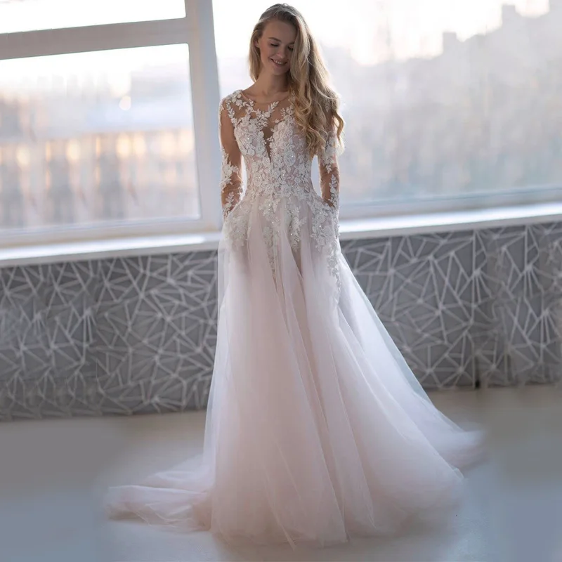 

Customized A Line Women Wedding Dresses Appliques Tulle Court Train Bridal Gowns Formal robe mariage