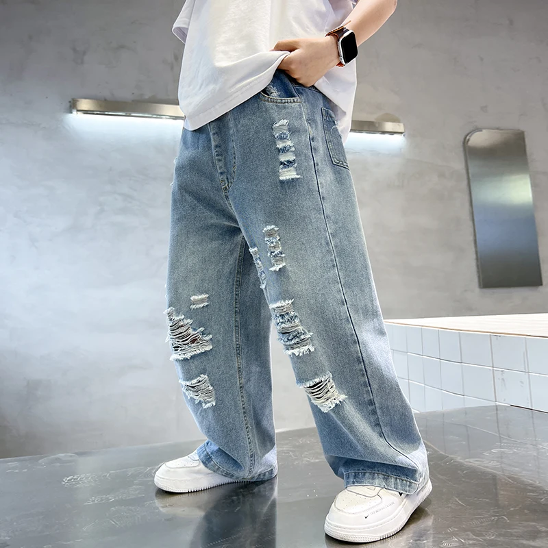 Boy Vintage Streetwear Ripped Baggy Jeans with Holes High Waist Straight Leg Jeans Child Casual Loose Denim Pants For Kids Teen