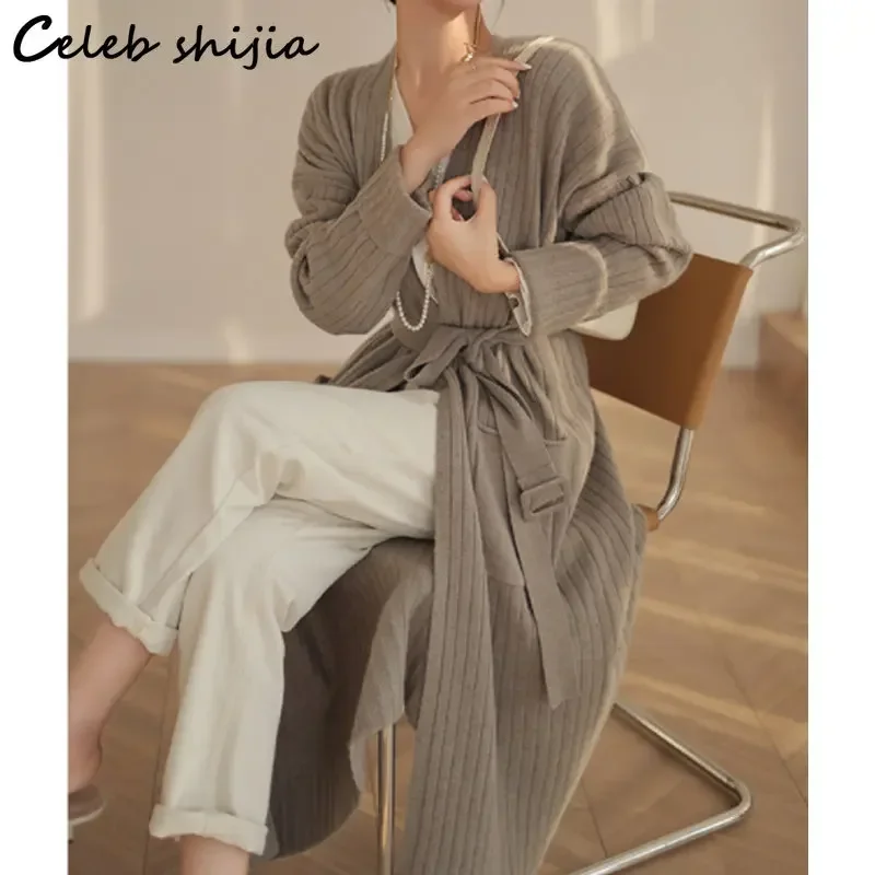 Winter Soft Wool Cardigan Women with Belt Elegant Autumn Khaki Chic Long Knit Cardigan Ladies Pocket Korean Knitwear Coat