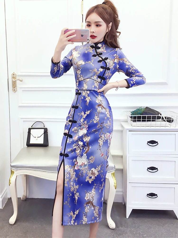 Frauen Rosa Wildleder Stoff Floral Chic Cheongsam Kleid 2024 Koreanische Vintage Luxus Abendkleid Herbst Winter Elegante, Figurbetontes Kleid