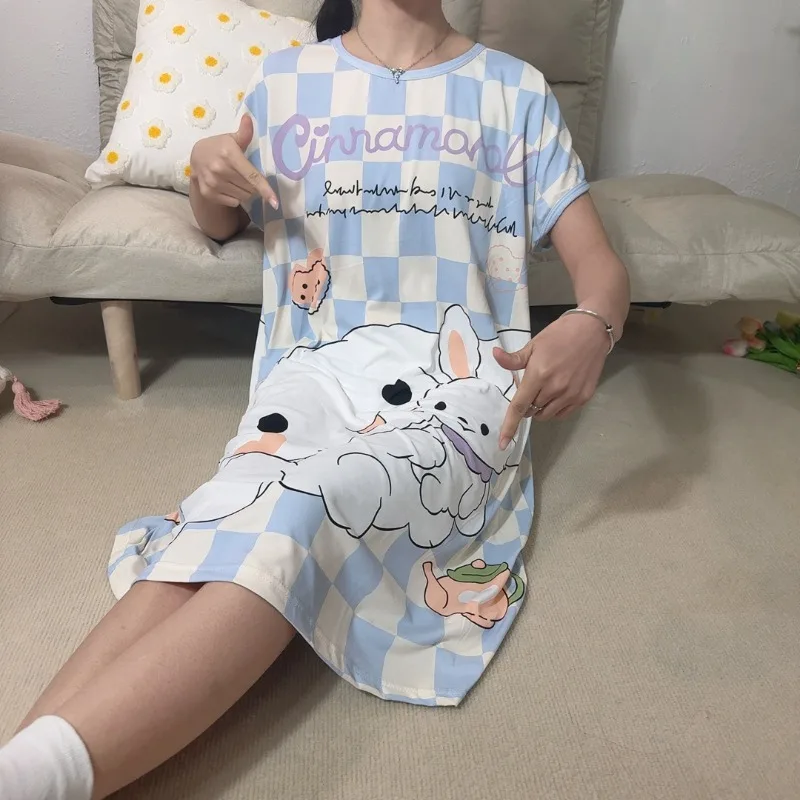 

Sanrio синяя повседневная ночная рубашка, милая пижама с изображением нефрита и корицы, летняя женская домашняя одежда с короткими рукавами из двух предметов с героями мультфильмов