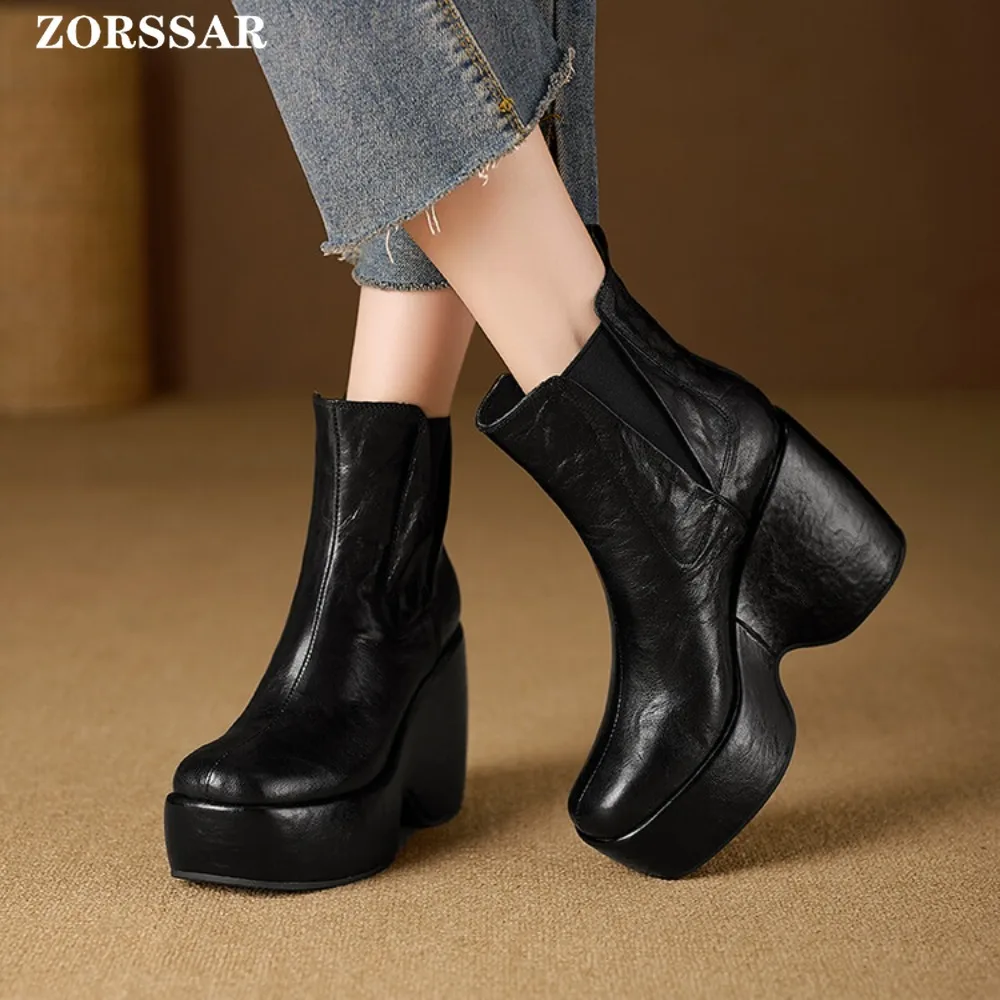 Genuine Leather Platform Ankle Boots Winter Autumn High Heels Wedges Booties Woman New Ladies Chunky Motorcycle Boots 10CM