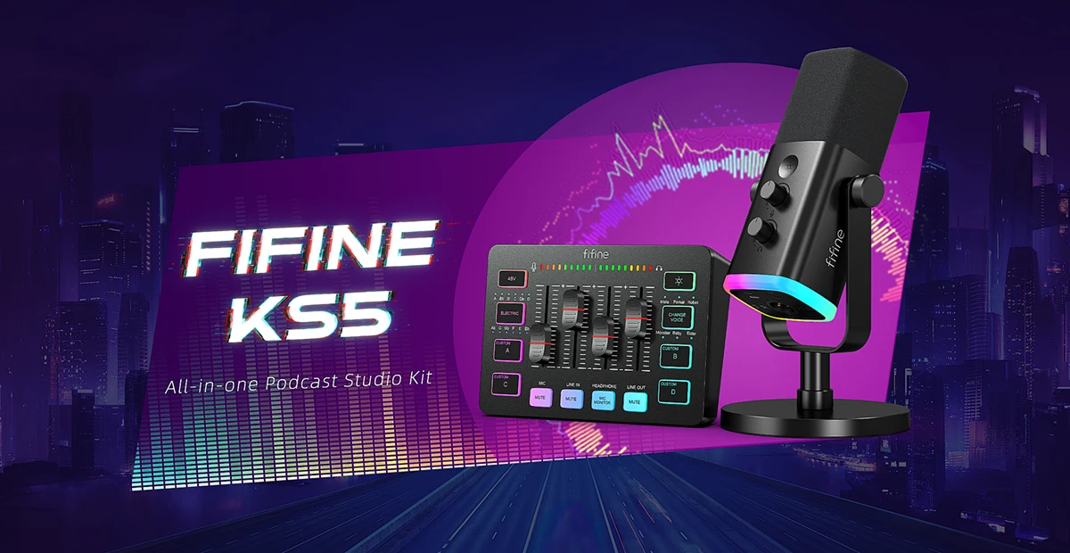 FIFINE Kit de Podcast todo en uno con mezclador de Audio RGB