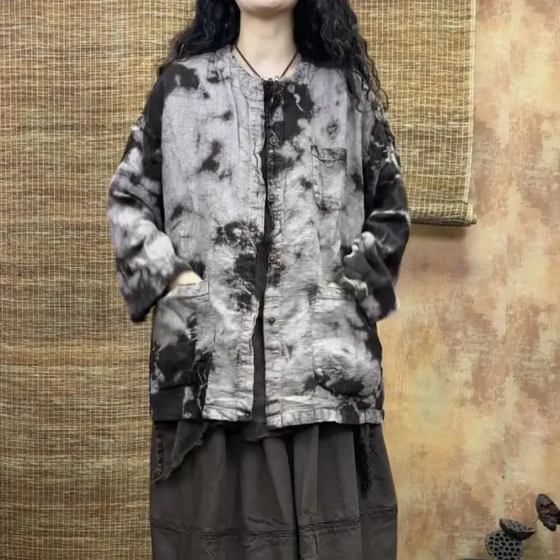 

Spring Autumn New Arts Style Women Single Breasted Loose O-neck Blouse Vintage Tie Dye Cotton Linen Casual Shirts High Quality