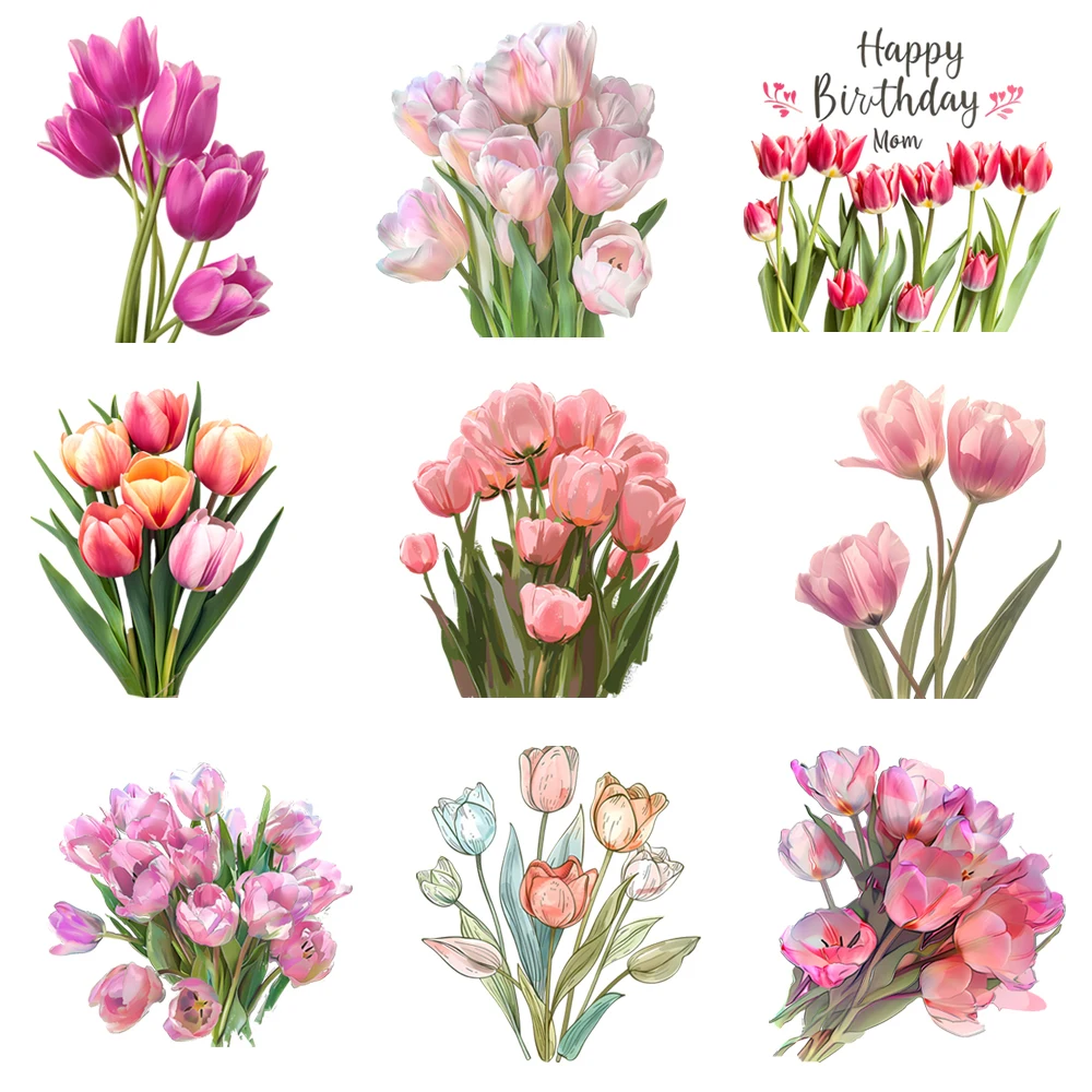 Tulip Flower Iron On Heat Transfer Stickers For Clothes Pinted Vinyl Thermal Appliques Pillow Washable T-Shirt Decals