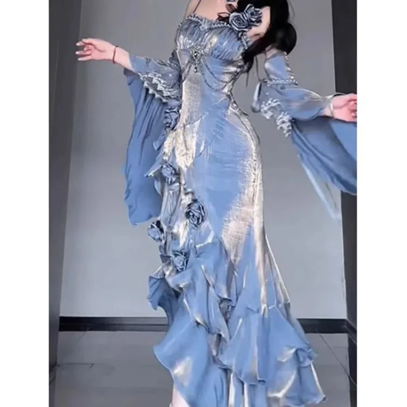 

Blue Rose Lolita Fishtail Dress with Exquisite Design for Elegant Goddess - like and Mature Ladies' Birthday.