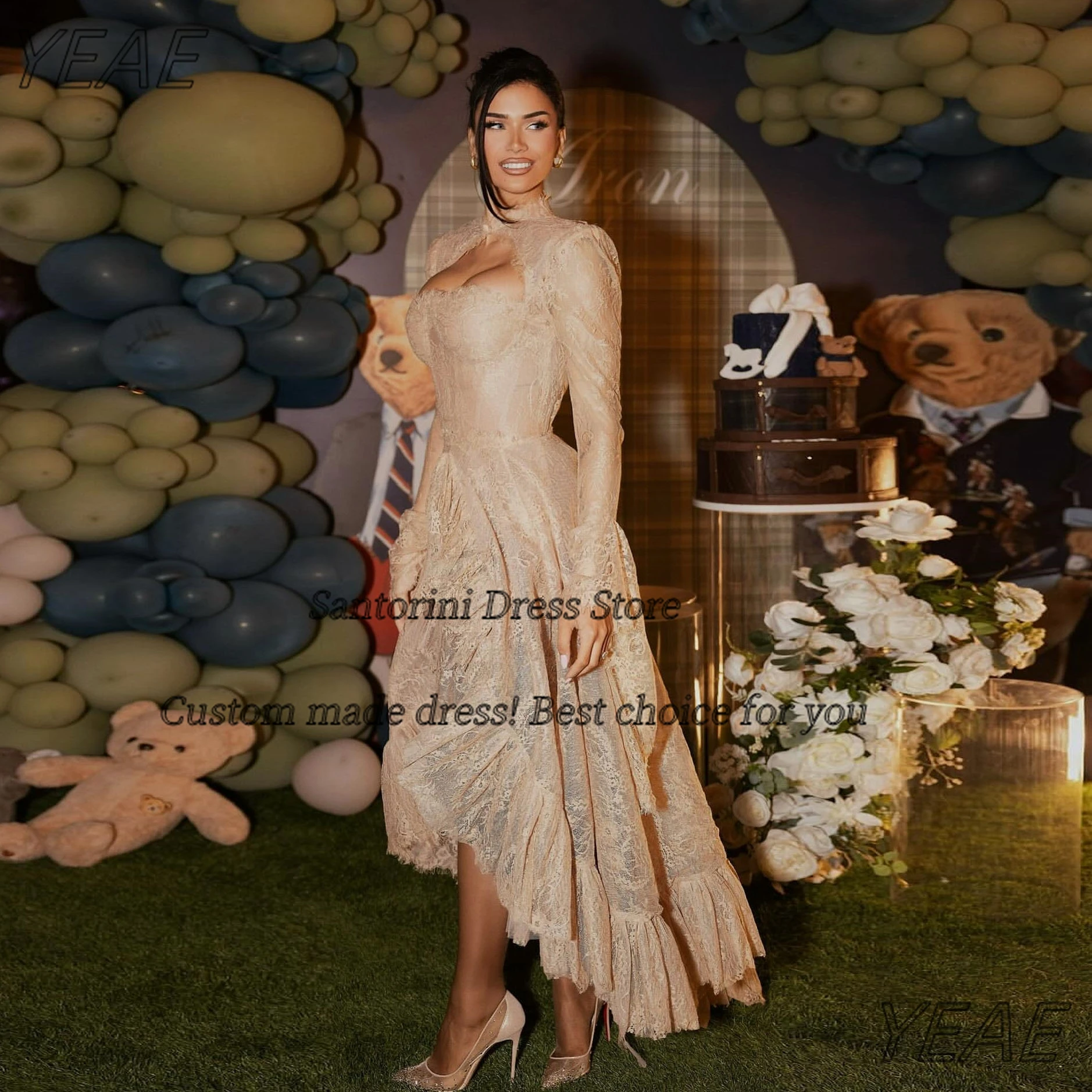 

Платья для выпускного вечера Santorini, сексуальное платье с вырезом, Vestidos Des Noches, кружевное вечернее платье с длинными рукавами и высоким низким вырезом по индивидуальному заказу