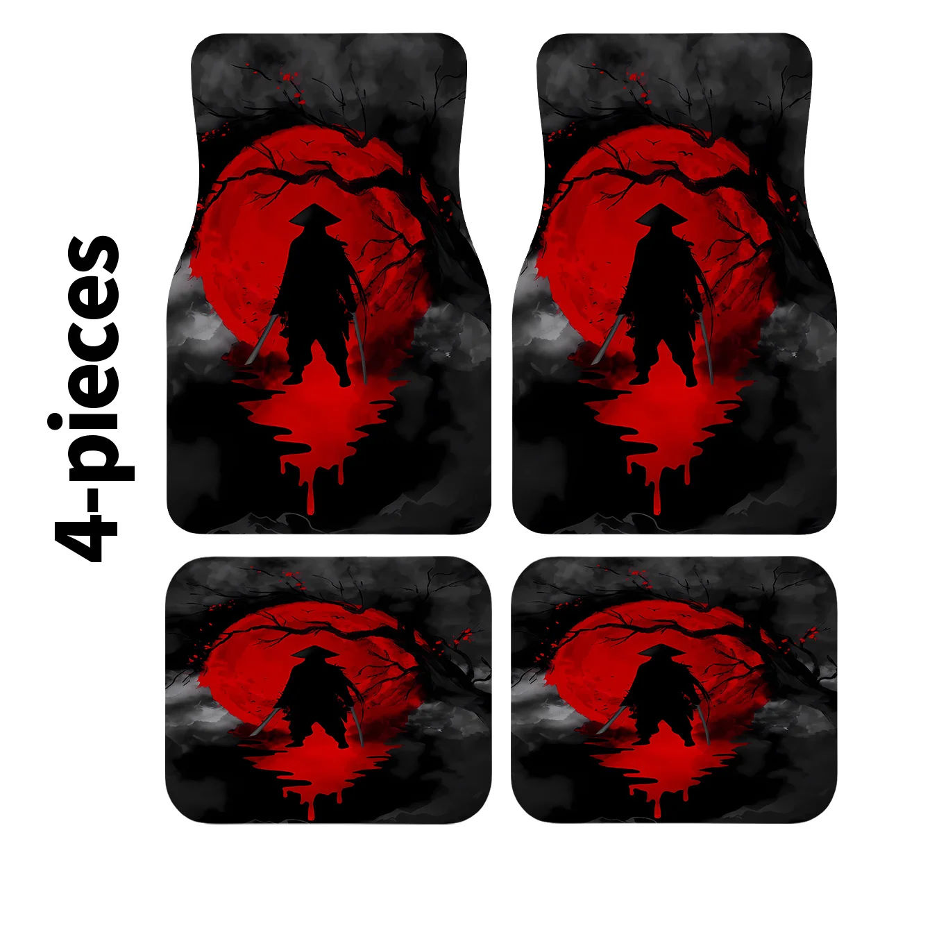 4pcs Samurai Silhouette Print Car Floor Mats With Dual Swords, Front And Rear Carpet, Car Interior Accessory Mats, Suitable For