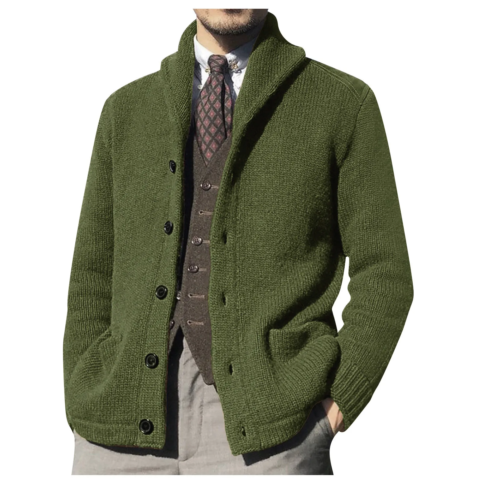 Cardigan da uomo Scialle casual Manica lunga Bottoni solidi Maglione lavorato a maglia Dolcevita tinta unita Felpa in lana Uomo Inverno all'aperto