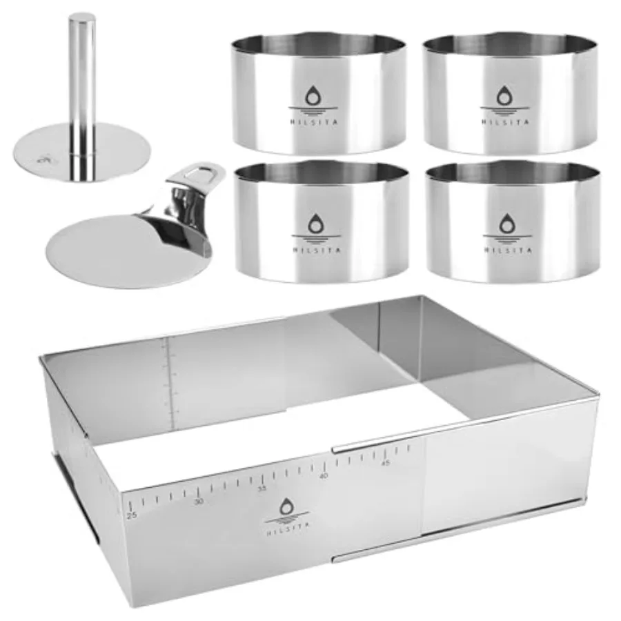 

Adjustable Rectangle Mousse Cake Mold + 6 Pcs Cake Ring Molds Includes Pusher and Lifter Set