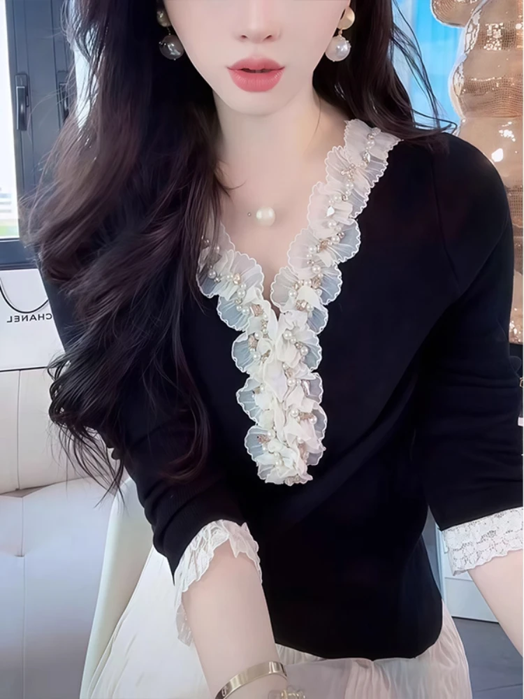 

Ele Bla V-Ne Lace Splice Knitted Sweater Women's Slim Fit Autumn Winter Beaded Base Top Casual Sle Long Sve T-irt