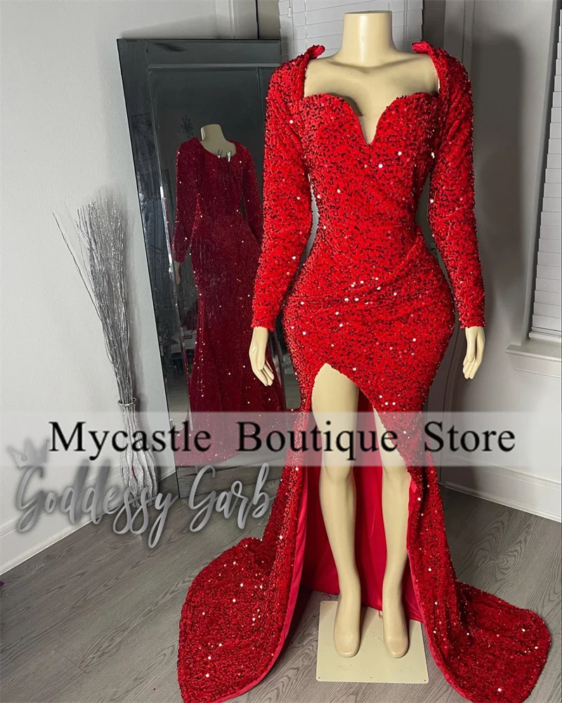 Sparkly Red Sequins Prom Dresses 2025 For Black Girls Long Sleeve Side Slit Mermaid Evening Dresses Birthday Dress Customized