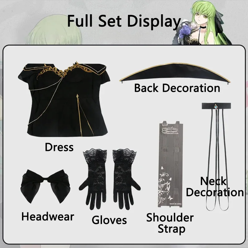 C.C. Cosplay Costume Black Anime Code Geass Role Paly Uniform Female Halloween Carnival Party Dresses eo]5