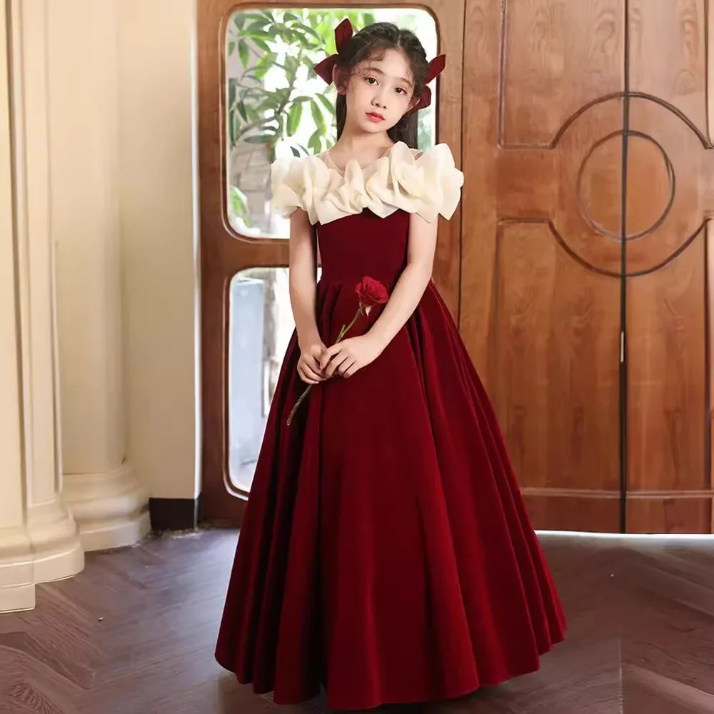 

Children's dress Red Flower Child Wedding Little girl Birthday party Girl Princess dress High-end host piano costume