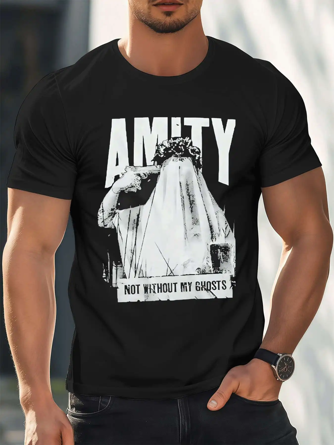 

Новинка с рисунком Amity Ghost, мужская футболка 220 г/м2, новая летняя повседневная футболка с круглым вырезом из чистого хлопка с короткими рукавами