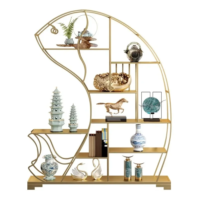 Storage gold wrought iron living room storage rack multi-layer floor baffle shelf bookshelf light luxury golden arowana display