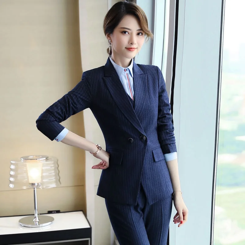 (Blazer+vest+pants) Women\'s suit 3-piece set, striped women\'s suit set+professional women\'s Blazer set, office women suit set