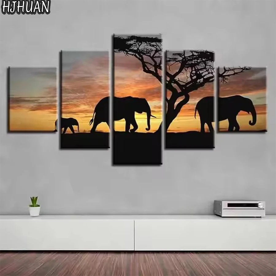 

5pcs diamond embroidery Sunset Elephant portrait diy Cross stitch Modern decor diamond painting full square/round drill pictures