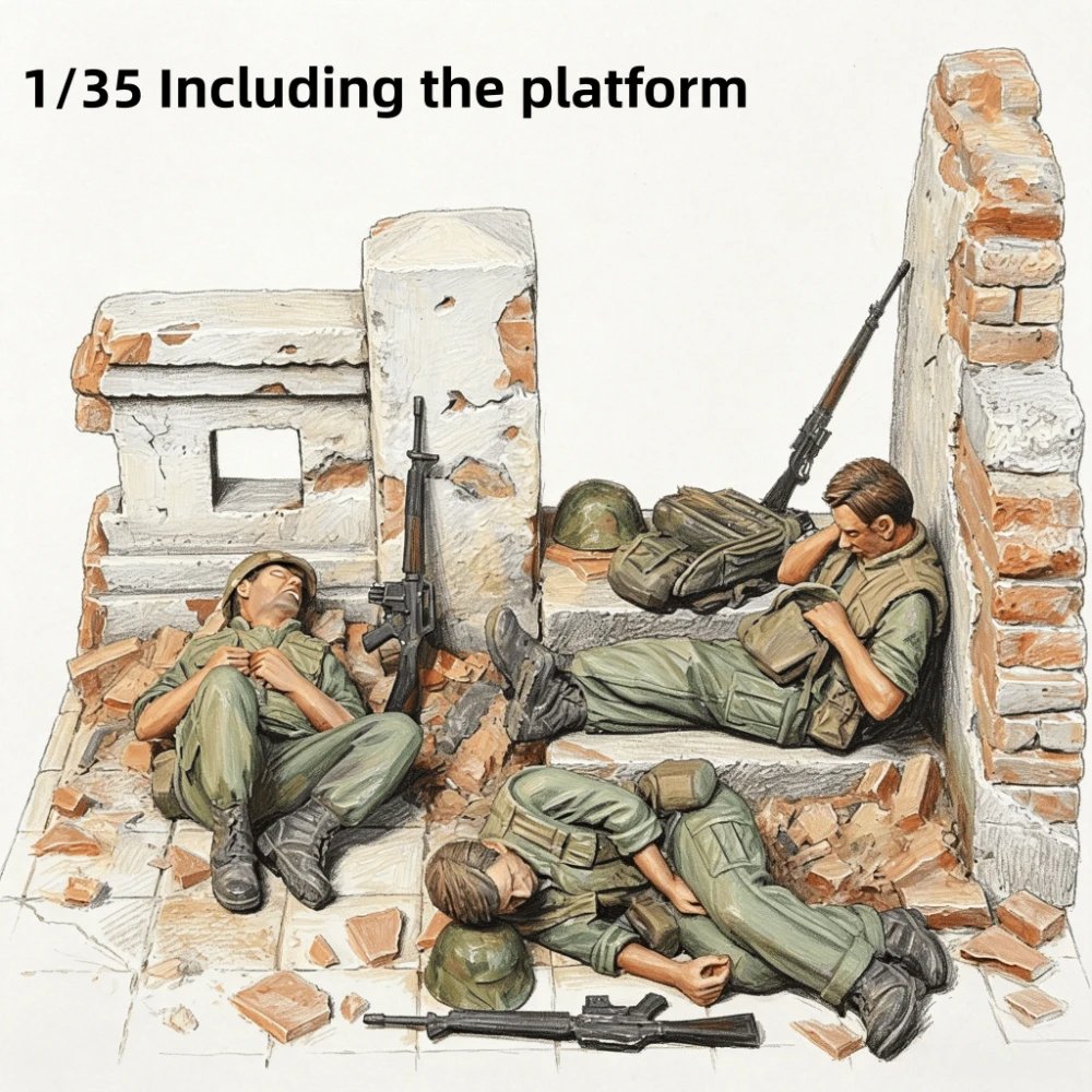 1/35 Die Casting Resin Model Sleeping US Soldiers Resin Model Kit With Ruin Base Unpainted Figures