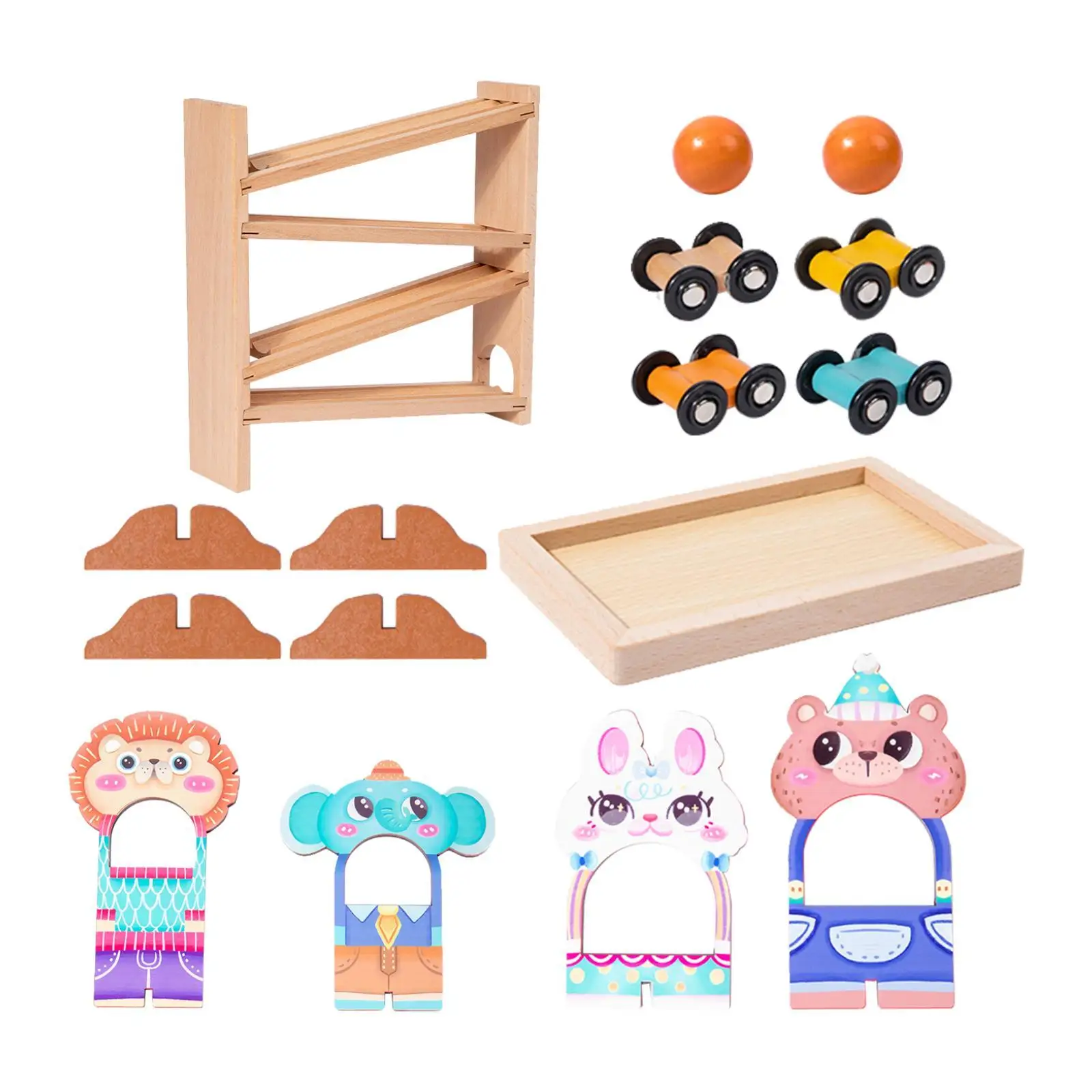 Wooden Race Track, Toddlers Race Car Toy, Wooden Car Ramp Car Slide Run with Wooden Cars Playset for Boys Girls