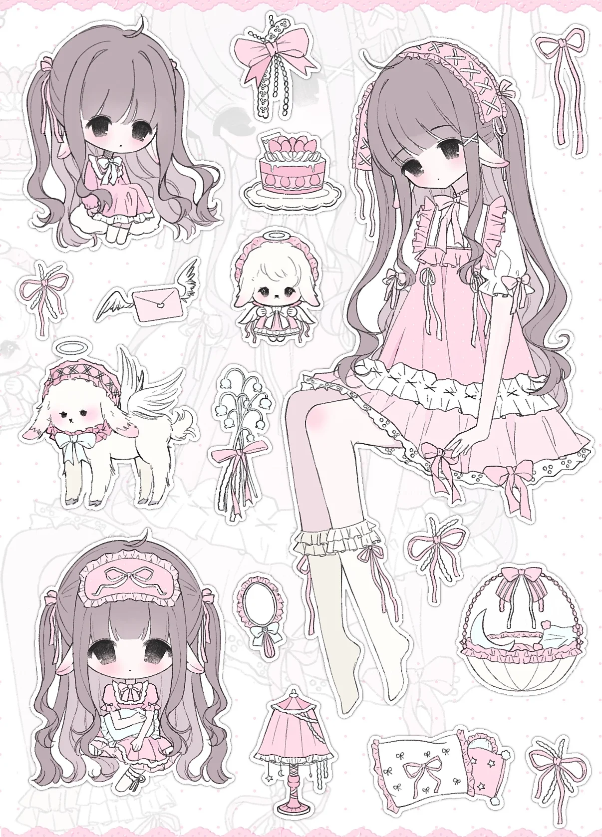 FrillWing Sticker Set | Powder-Pink-Silver-Lavender Angel-Dolls & Lace-Maids for Deco Diaries