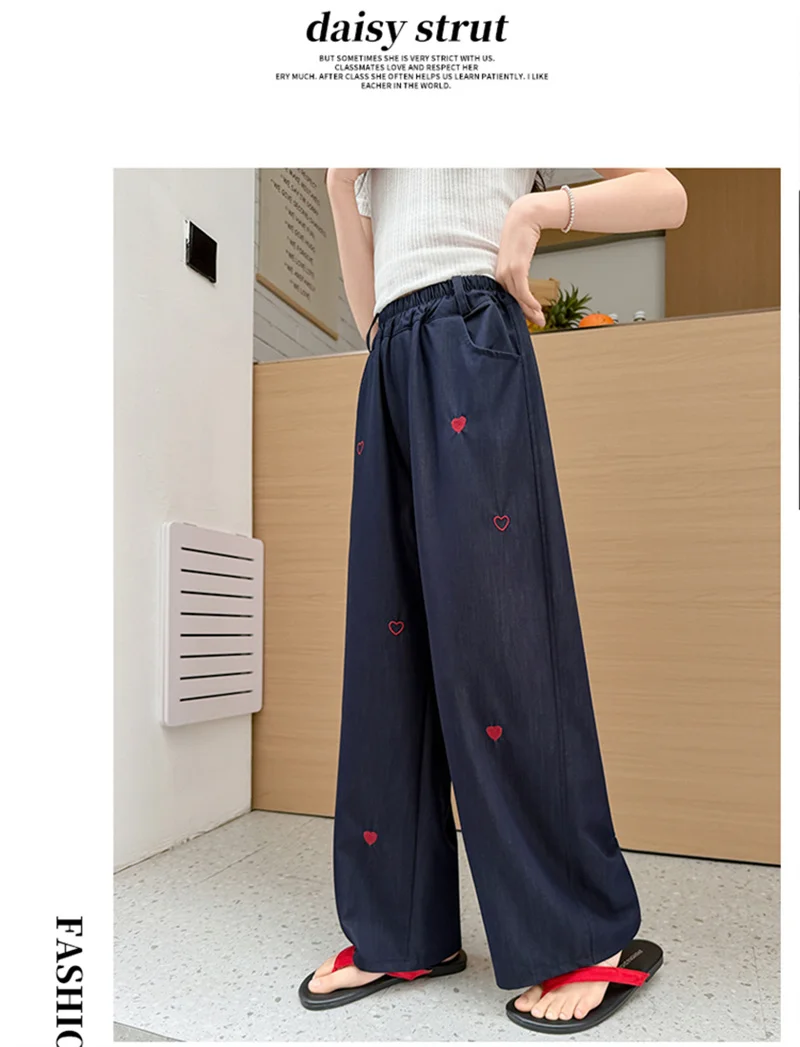 2026 Neue Sommer-Jeans für Mädchen mit Herz-Stickerei, Denim-Hosen für junge Teenager-Mädchen, trendige coole Kinder-Mädchen-Hosen mit weitem Bein – Detail 7