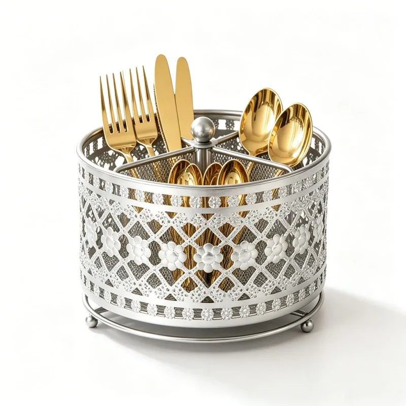 360° Rotating Utensil Caddy, Silverware Cutlery Caddy Holder with 4 Compartment, Metal Flatware Organizer Countertop with Handle for Party Camping Picnic, Kitchen Counter, Office (Silver)