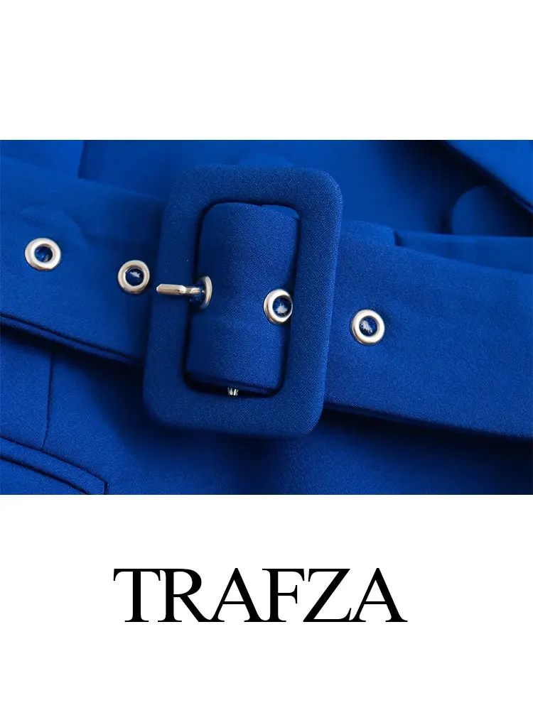 TRAFZA-Blazers de escritório femininos com cinto de gravata V, manga longa, trespassado duplo, slim fit, bolso, tops da moda, outono