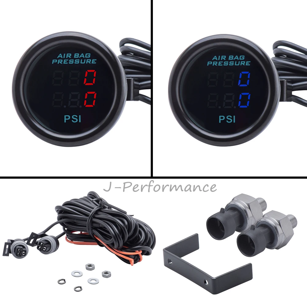 52mm Dual Display Air Pressure Gauge PSI for Air Suspension Red&Blue LED with 2pcs 1/8 NPT Sensor 5Meter Wire