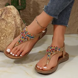 Roman Sandals Women's 2024 Summer Colorful Bead Decoration Flat Bottom Comfortable Clip Toe Bohemian Beaded Sandals