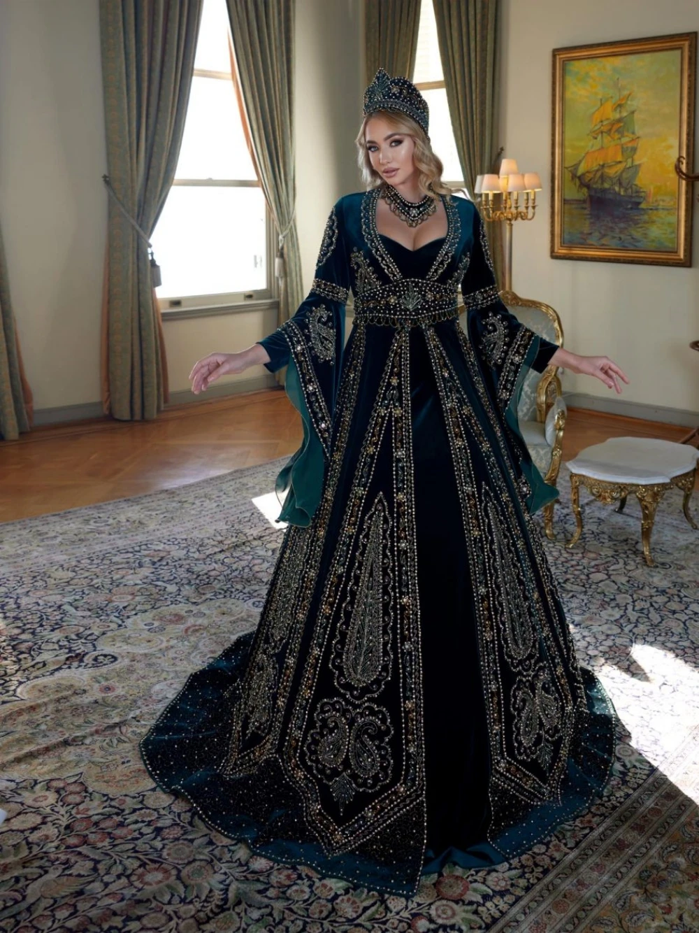 Luxury V-neck African Caftan Dubai Moroccan Elegant Kaftan Long Sleeve Muslim Party Evening Dress Beaded Crystals Customized